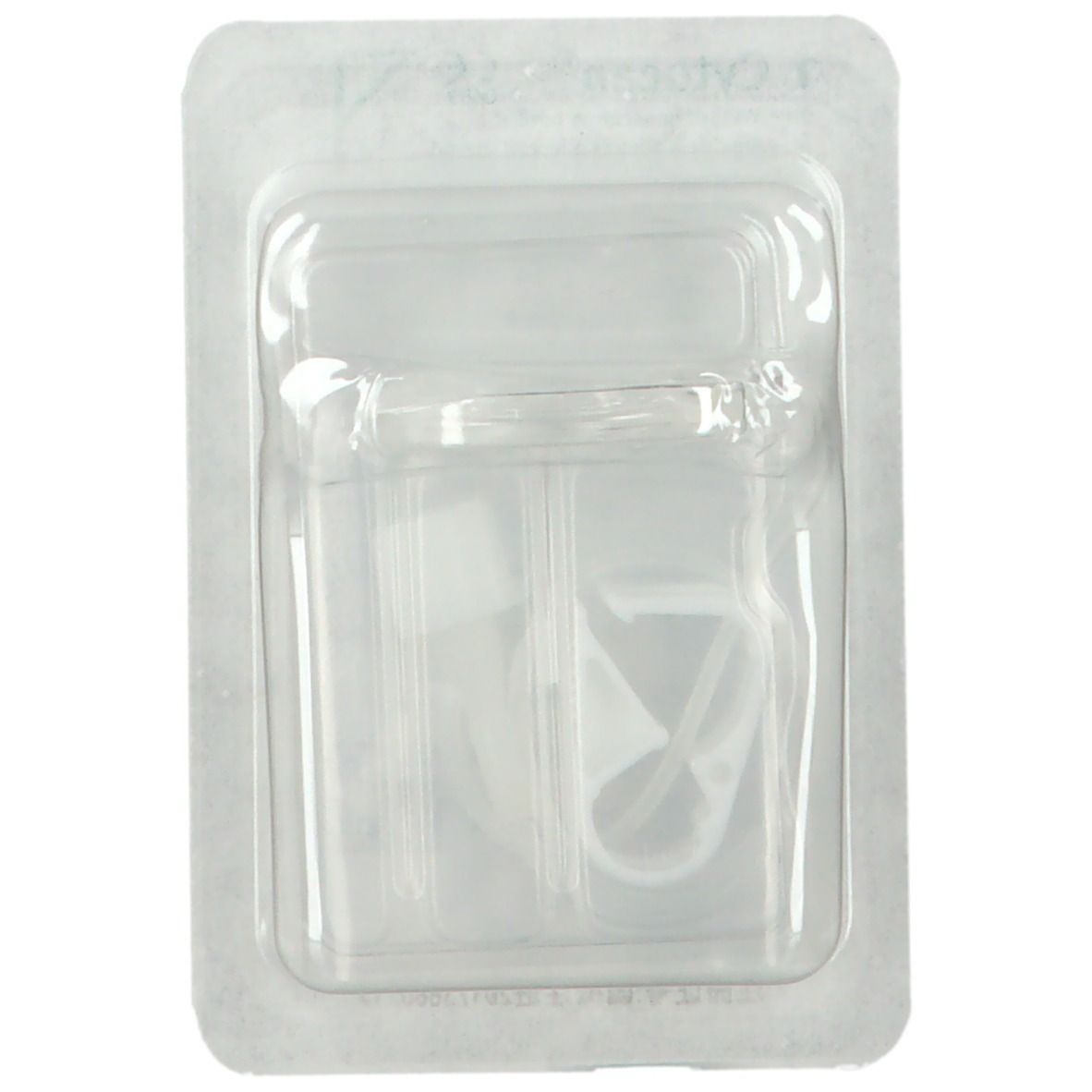 Emballage plastique transparent contenant un dispositif médical. Visible : canule et plaque de fixation.