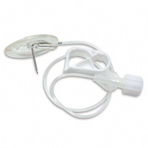 Dispositif médical avec aiguille, tube blanc et support. Base ronde et transparente.