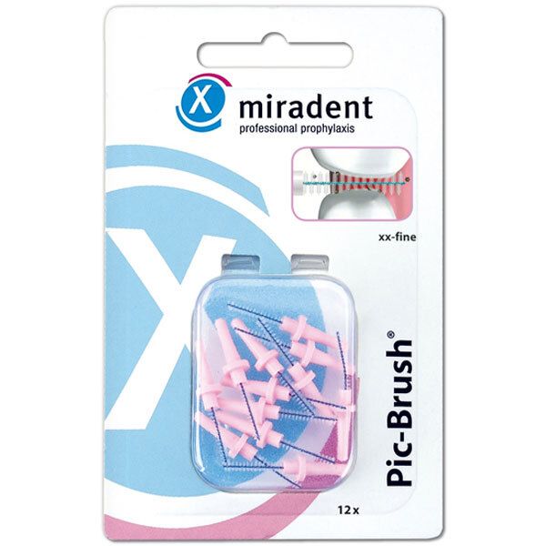 Emballage de brossettes interdentaires roses. Marque miradent, nom Pic-Brush, xx-fine. 12 pièces.