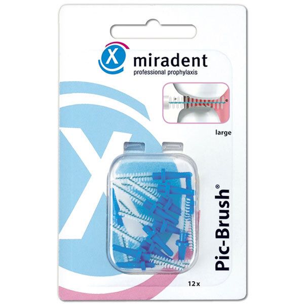 Paquet de brossettes interdentaires bleues. Logo "miradent Pic-Brush" et indication "large". 12 pièces.
