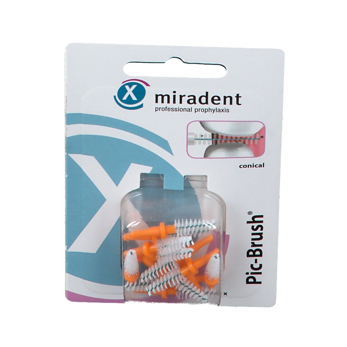 Brosses interdentaires en blister. Têtes coniques oranges. Marque : miradent Pic-Brush.