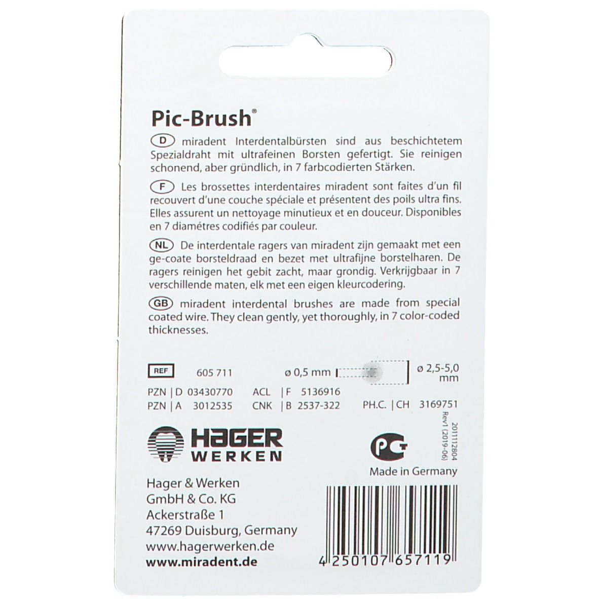 Dos de l'emballage. Texte : Pic-Brush, informations sur les brosses. Fabricant : Hager & Werken.