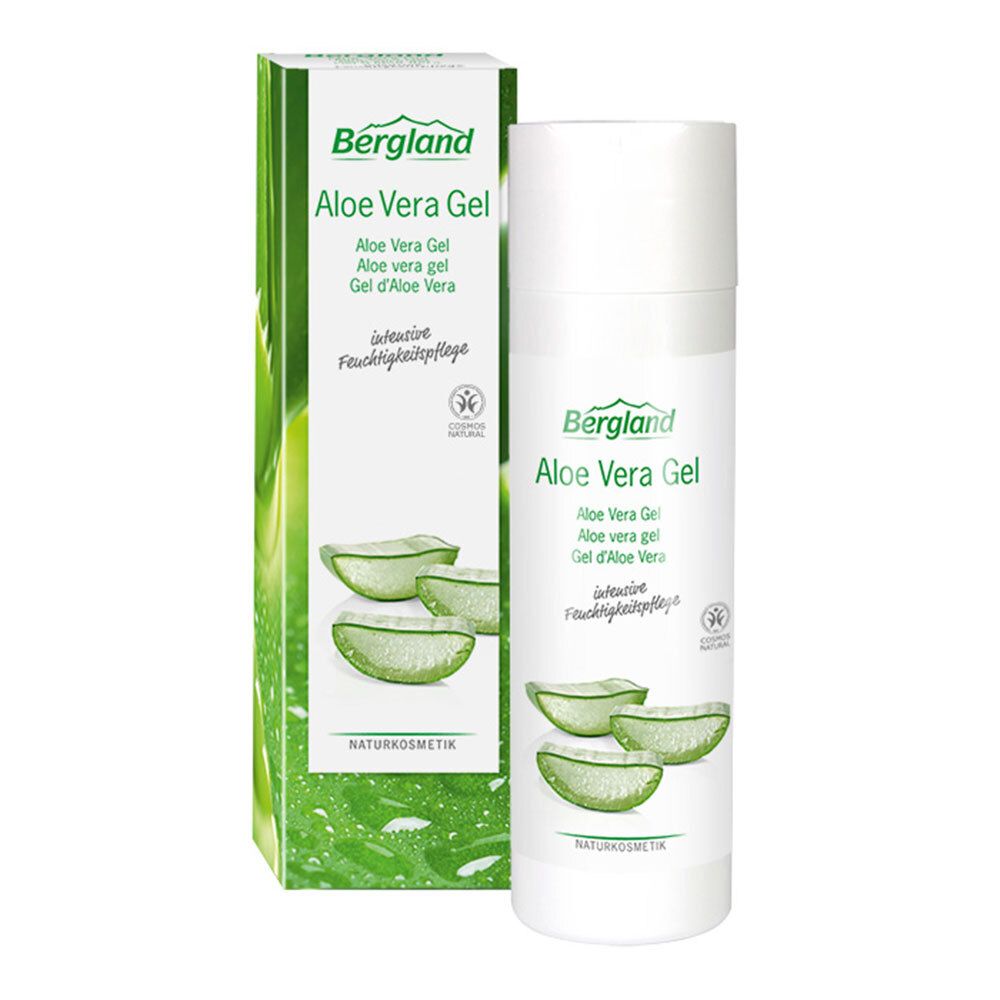 Bergland Aloe Vera Gel. Tube blanche et boîte verte. Inscription : Aloe Vera Gel, Aloe Vera Gel, Gel d'Aloe Vera. Illustration d'aloe vera.
