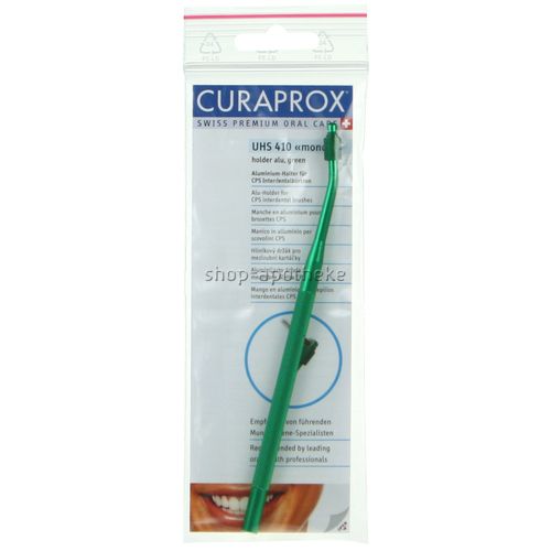 Manche de brosse à dents dans un emballage plastique. Vert, avec manche et tête de brosse. Texte : Curaprox, UHS 410 mono.