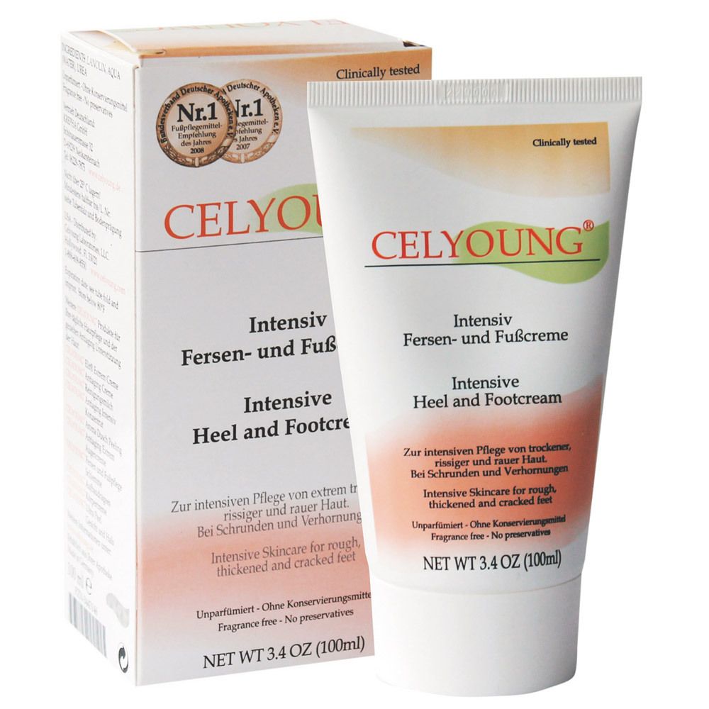 CELYOUNG® Crème Intensive Talons & Pieds. Tube et emballage. Blanc, orange, vert. Texte: Nr.1, Heel and Footcream.