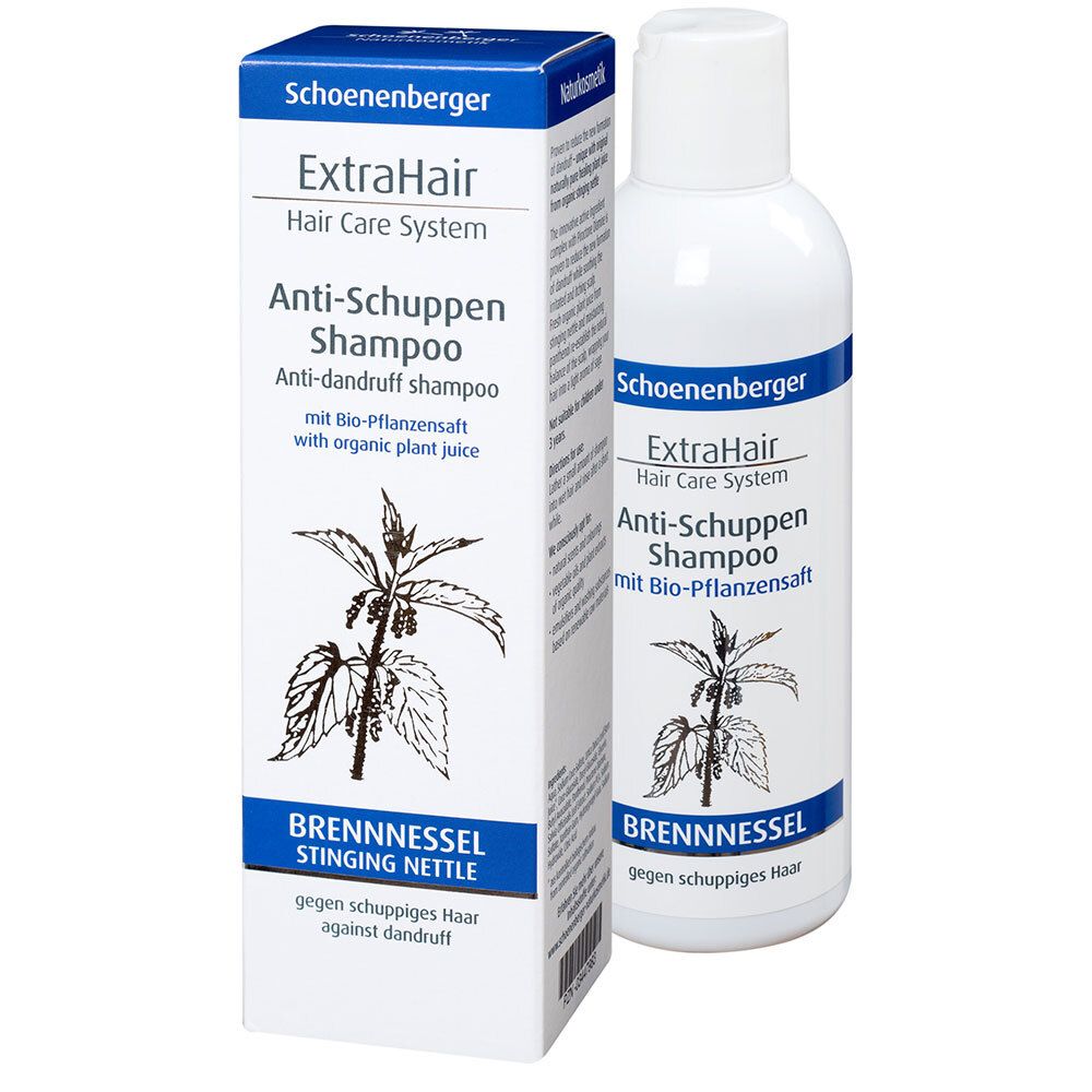 Shampoo blanc avec texte bleu. Inscription : ExtraHair Anti-Schuppen Shampoo. Illustration d'ortie et texte.