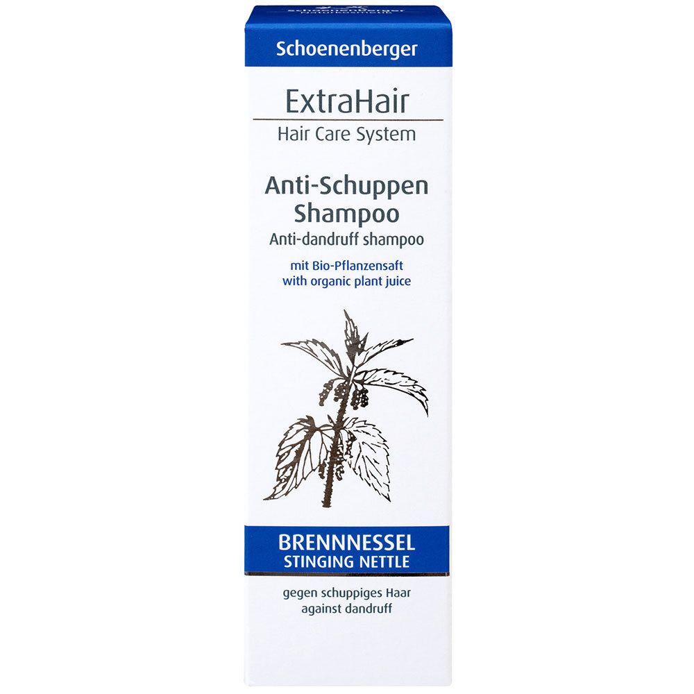 Boîte de shampooing. Inscription : ExtraHair Anti-Schuppen Shampoo. Illustration d'ortie et texte.