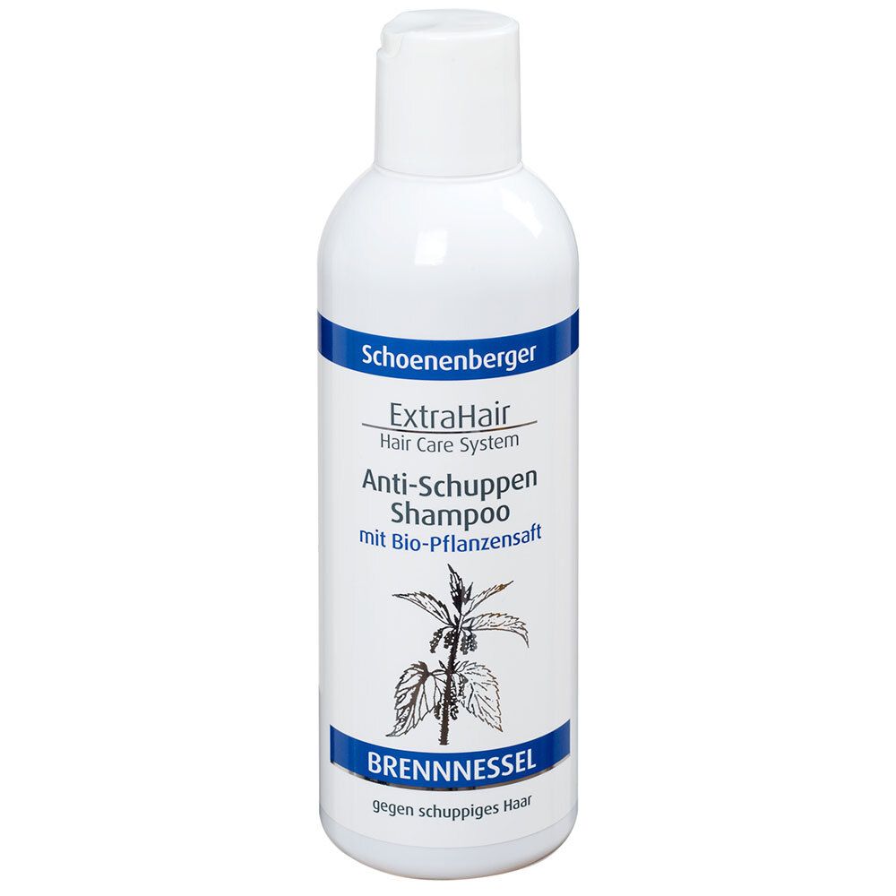 Shampooing blanc avec texte bleu. Inscription : ExtraHair Anti-Schuppen Shampoo. Illustration d'ortie.
