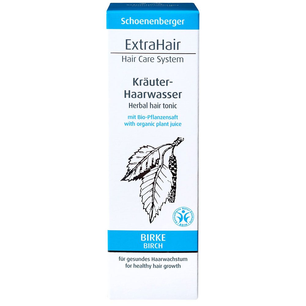 Boîte d'eau capillaire aux herbes. Blanc, bleu et vert. Nom du produit, illustration de bouleau et texte.