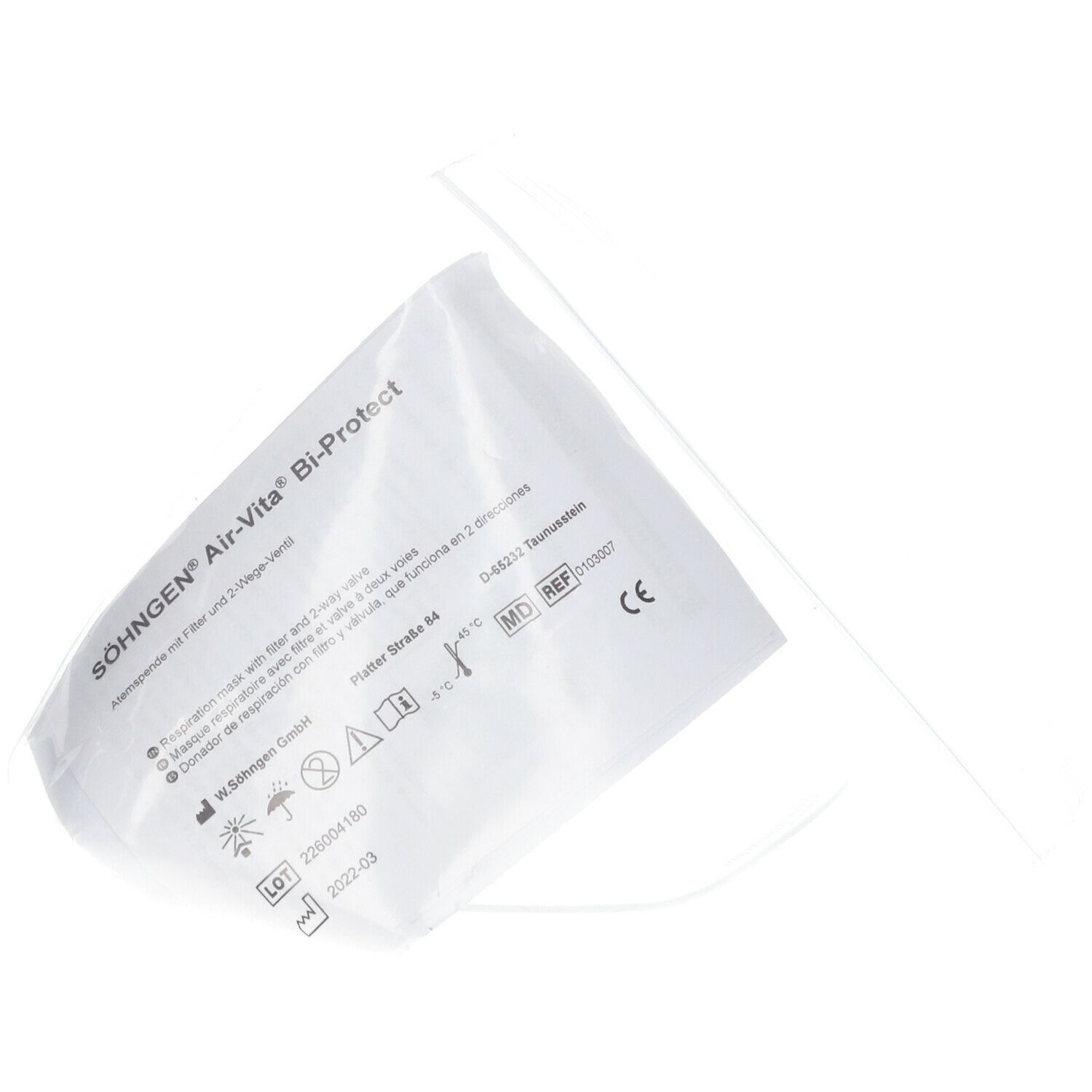 Emballage Air-Vita® Bi-Protect. Sachet blanc avec informations produit et marquage CE.