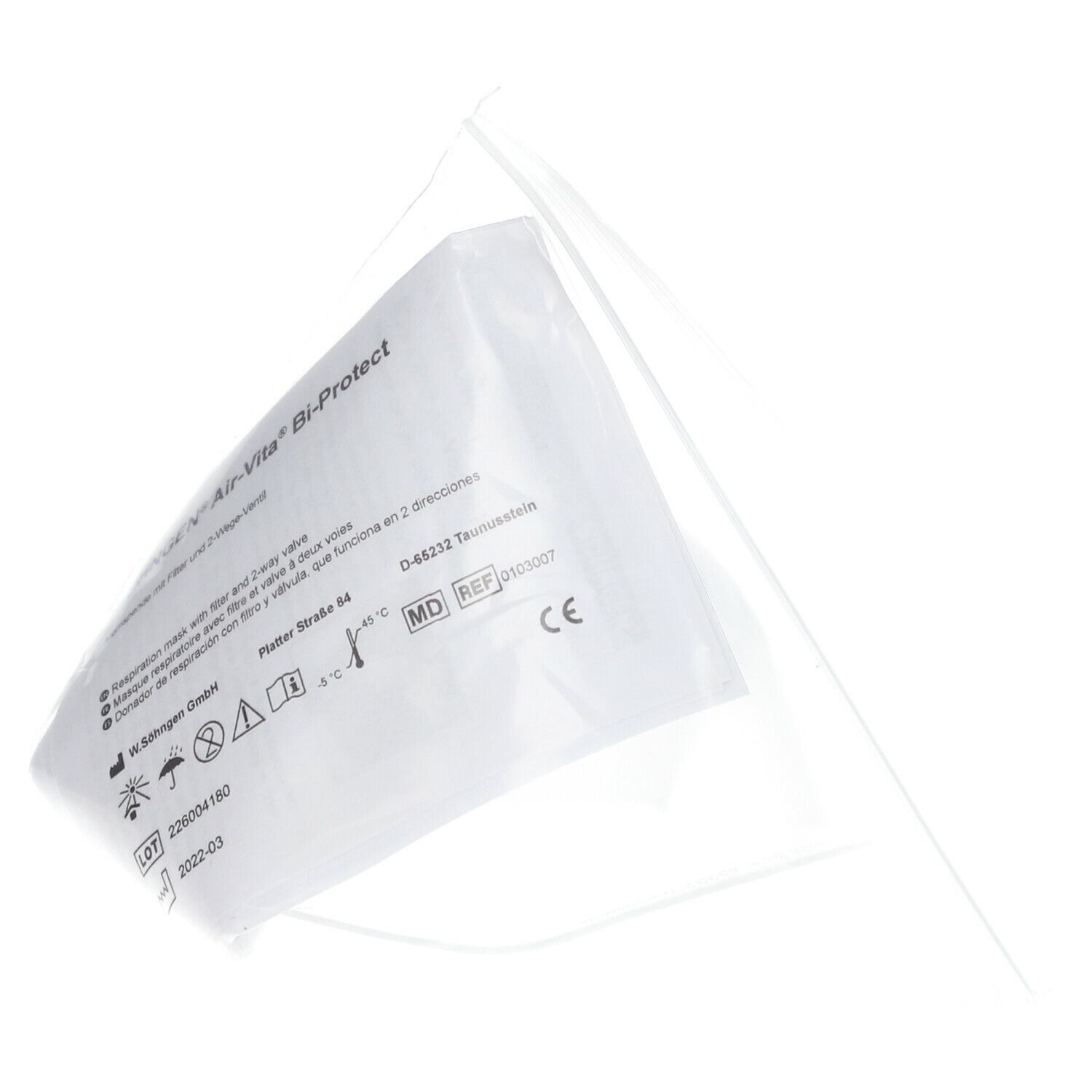 Air-Vita® Bi-Protect dans un emballage transparent. Informations produit sur fond blanc.