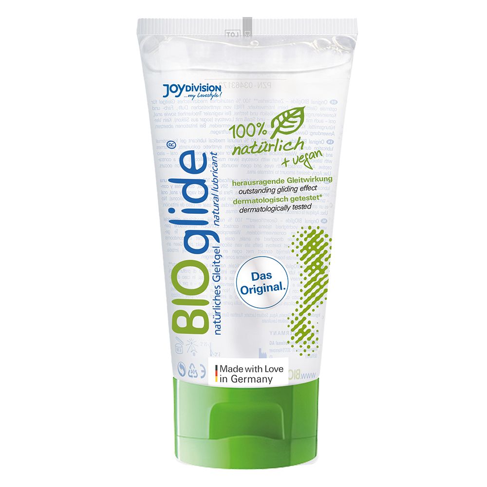 Tube de gel lubrifiant BIOglide, 100% naturel + vegan, testé dermatologiquement.