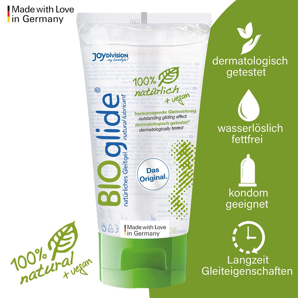 Tube de gel lubrifiant BIOglide avec bouchon vert. Testé dermatologiquement, soluble dans l'eau.