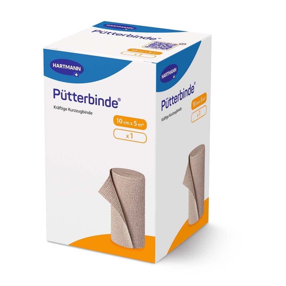 Boîte de bandage Pütterbinde Hartmann. Bandage court élastique beige. Dimensions : 10 cm x 5 m. Image du produit.