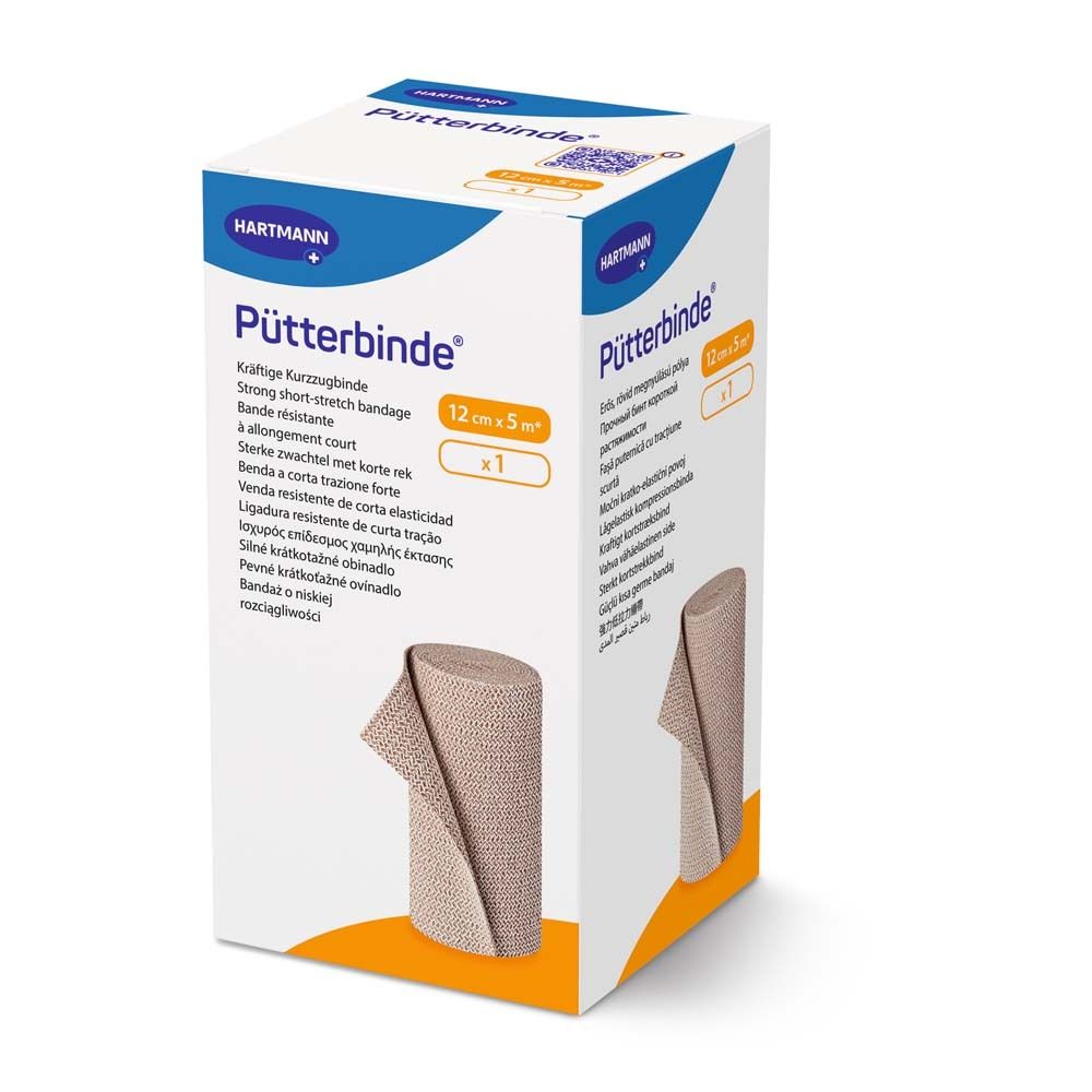 Boîte de Pütterbinde, 12cm x 5m. Marque Hartmann. Bandage et informations produit sur l'emballage.