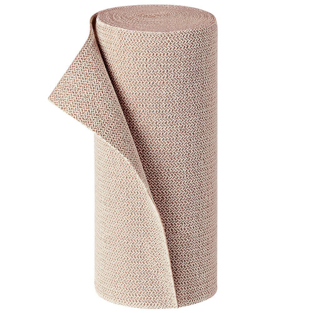 Pütterbinde beige enroulée. Matériau tissé. Une extrémité du bandage est déroulée.