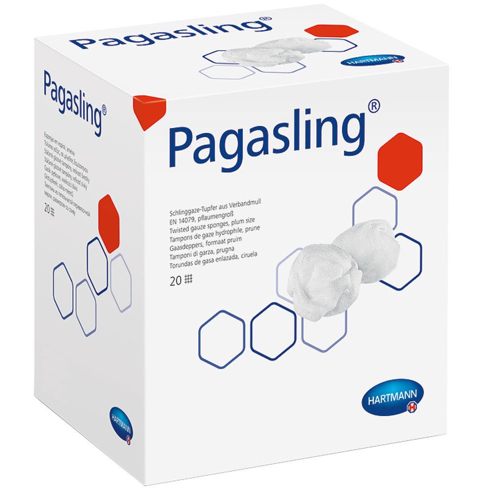 Boîte de gaze Pagasling®. Tampons blancs à côté. Logo Hartmann.