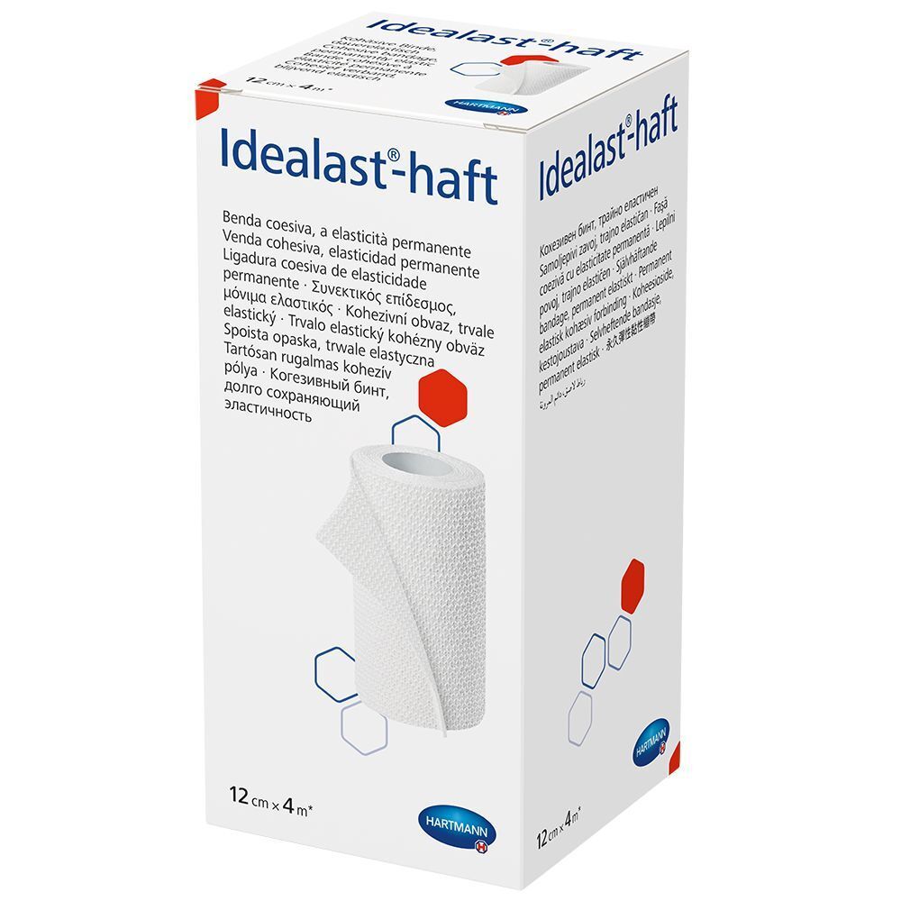 Hartmann Idealast-haft. Bande cohésive blanche en boîte. Inscriptions : 12 cm x 4 m, noms de produits multilingues.
