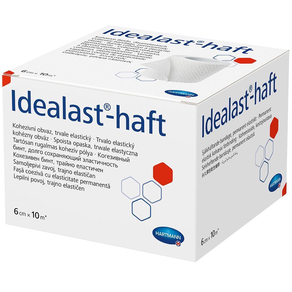 Emballage Hartmann Idealast-haft. Boîte blanche avec nom du produit et dimensions. Boîte à six faces avec textes multilingues.