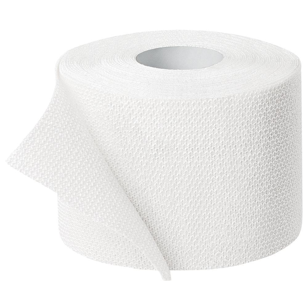Rouleau de bandage blanc. Texture tissée, partiellement déroulé. Produit non identifiable.