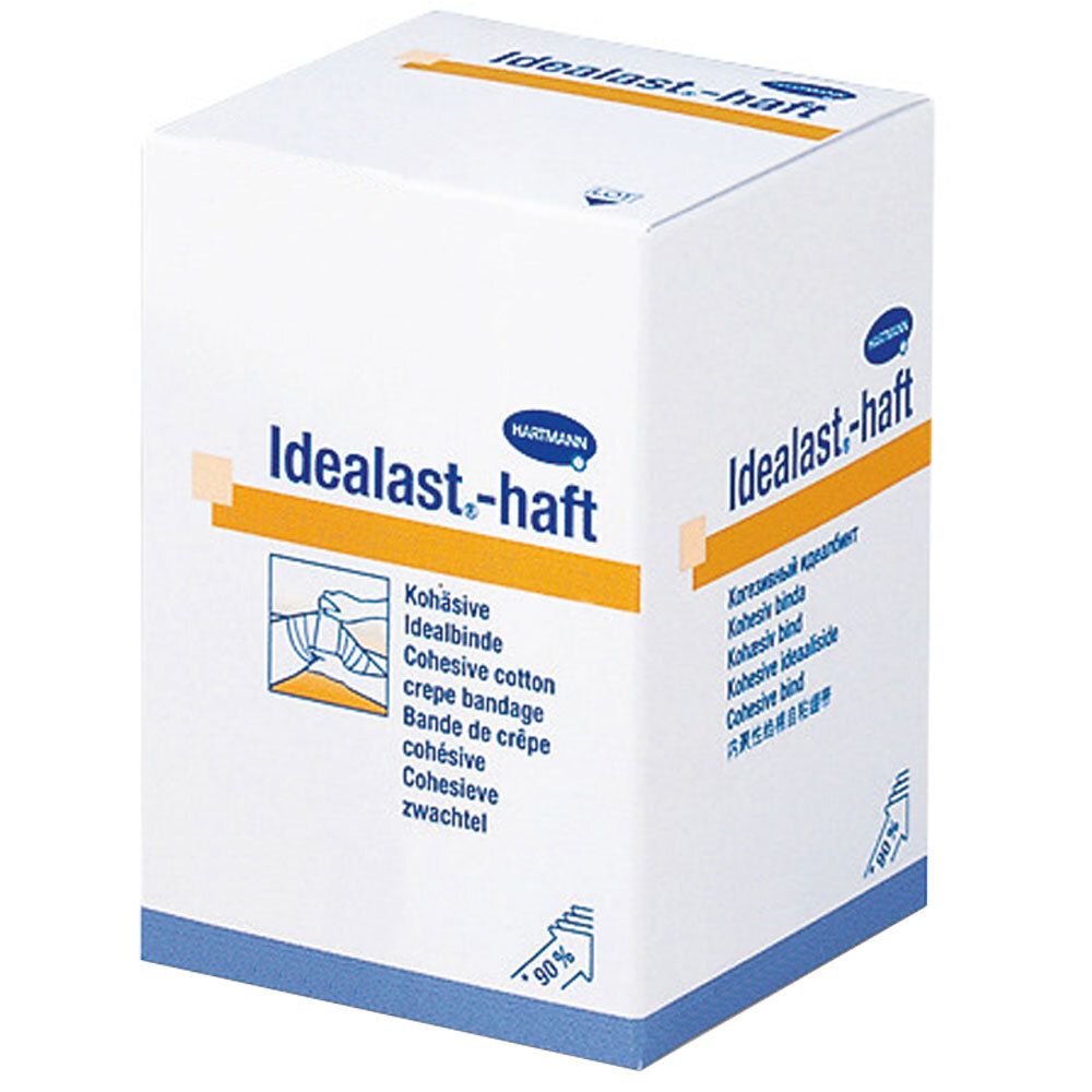 Emballage Hartmann Idealast-haft. Bande cohésive. Illustration de l'application. Boîte blanche avec accents orange.