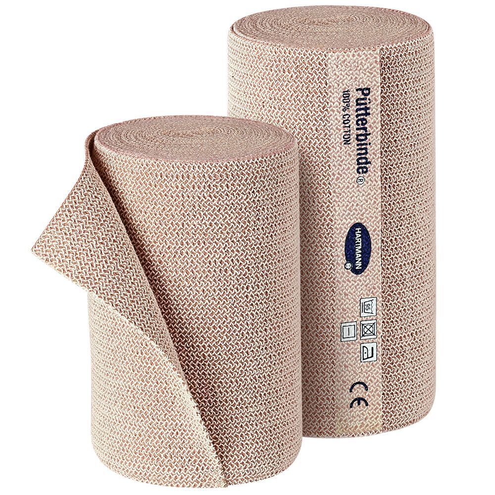 Deux bandages courts roulés. Marque Pütterbinde, Hartmann. 100% coton. Symboles de lavage imprimés.