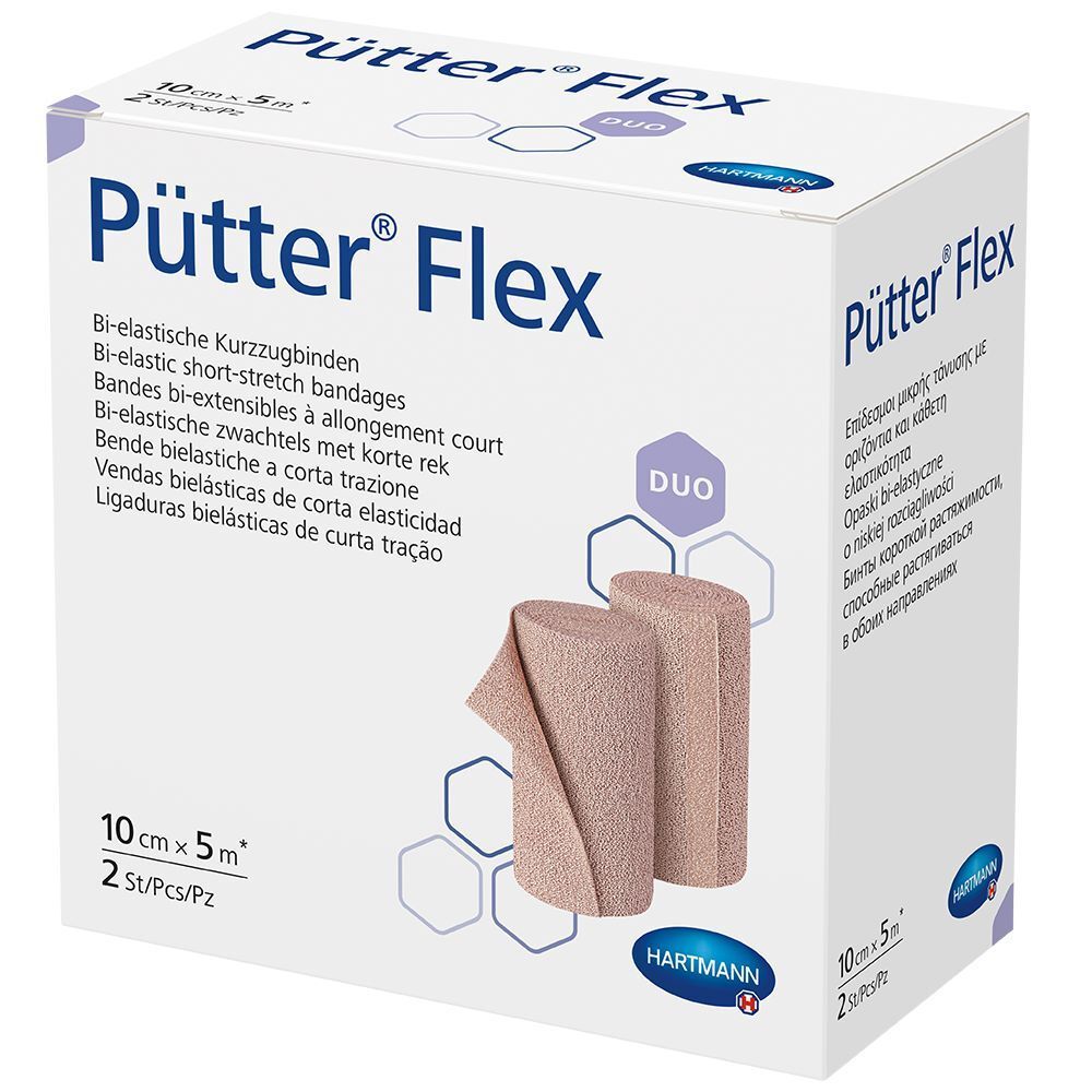 Boîte de deux bandages PütterFlex. Dimensions : 10 cm x 5 m. Marque : Hartmann. Pack Duo.