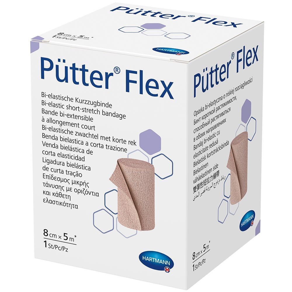 Emballage de Pütter Flex. Bande de compression bi-élastique. Dimensions : 8 cm x 5 m. Logo Hartmann. Inscriptions multilingues.