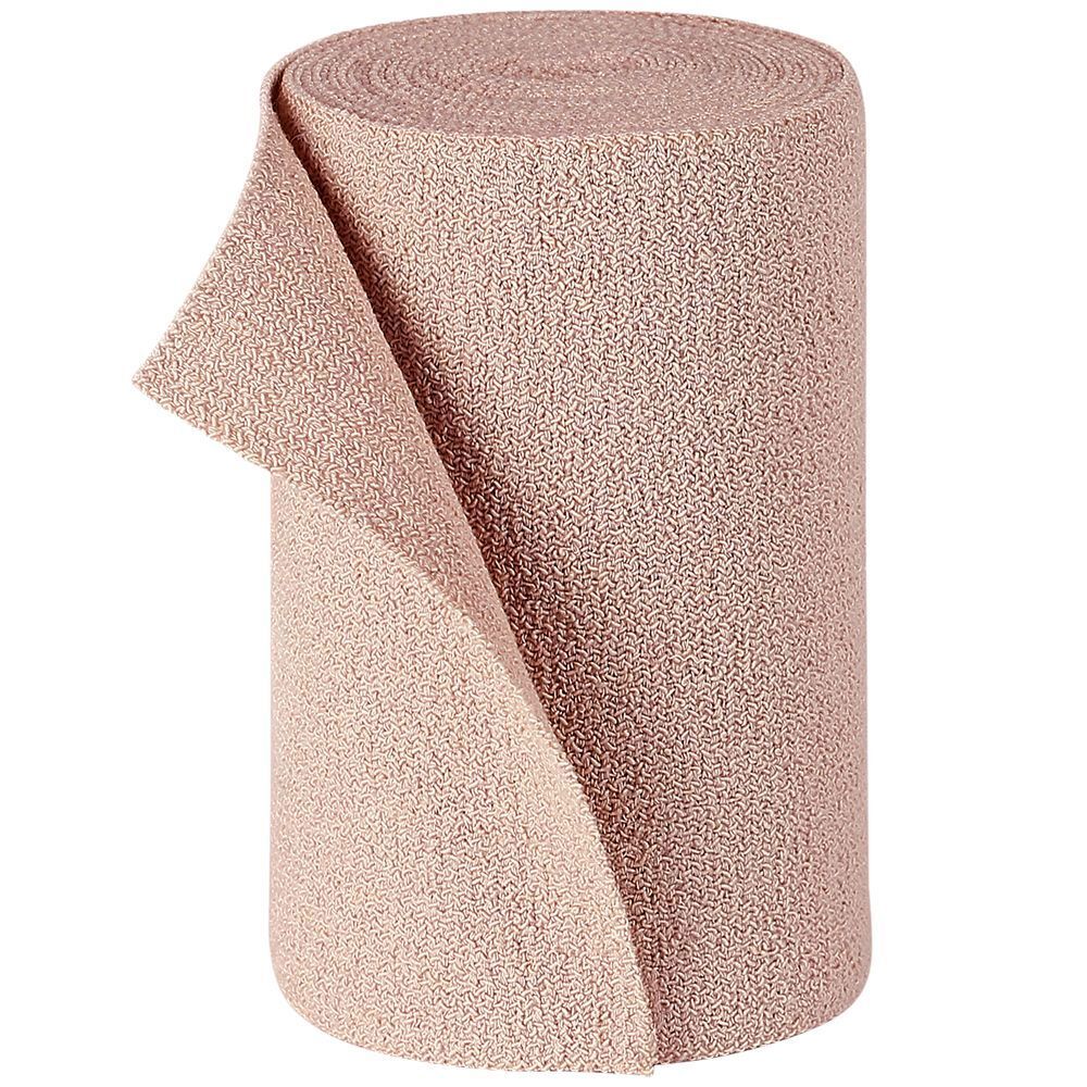 Bande de compression beige enroulée. Une extrémité est déroulée. La bande a une surface légèrement texturée.