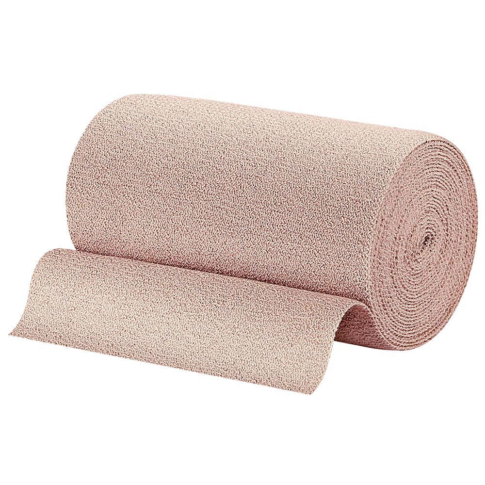 Bande de compression beige enroulée. Une partie de la bande est déroulée. Surface légèrement texturée.