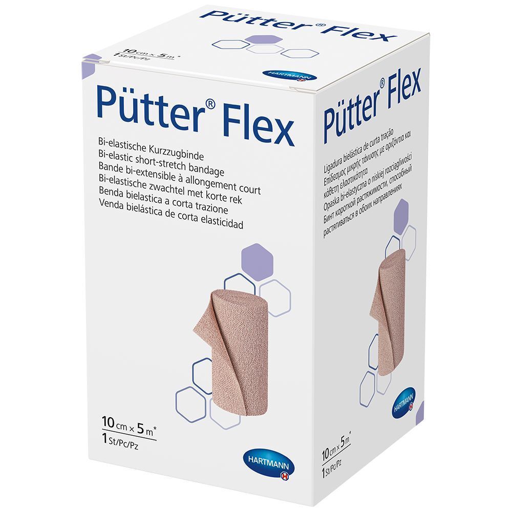 Boîte Hartmann PütterFlex, bandage élastique court. Dimensions : 10 cm x 5 m. Nom de la marque et du produit visibles.
