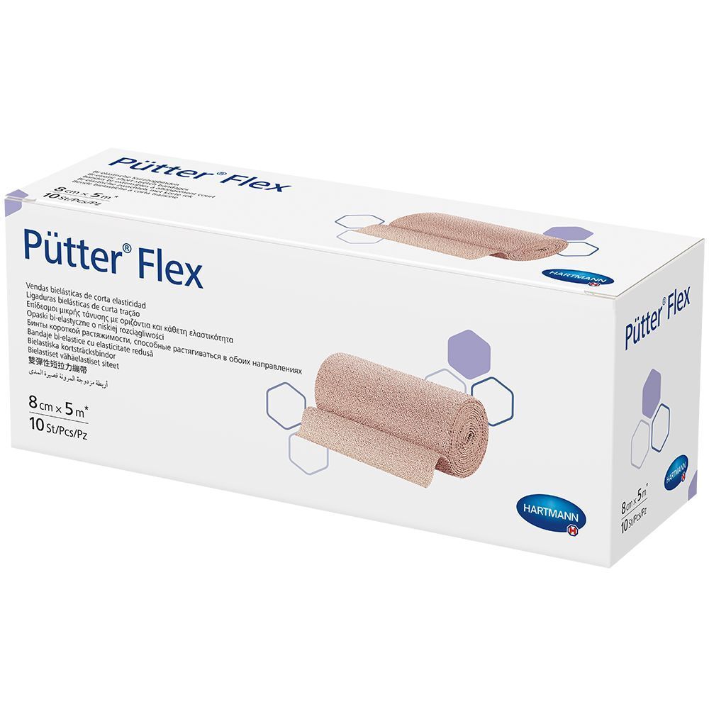 Boîte de bandages PütterFlex. Nom du produit, logo Hartmann et rouleau de bandage visibles.