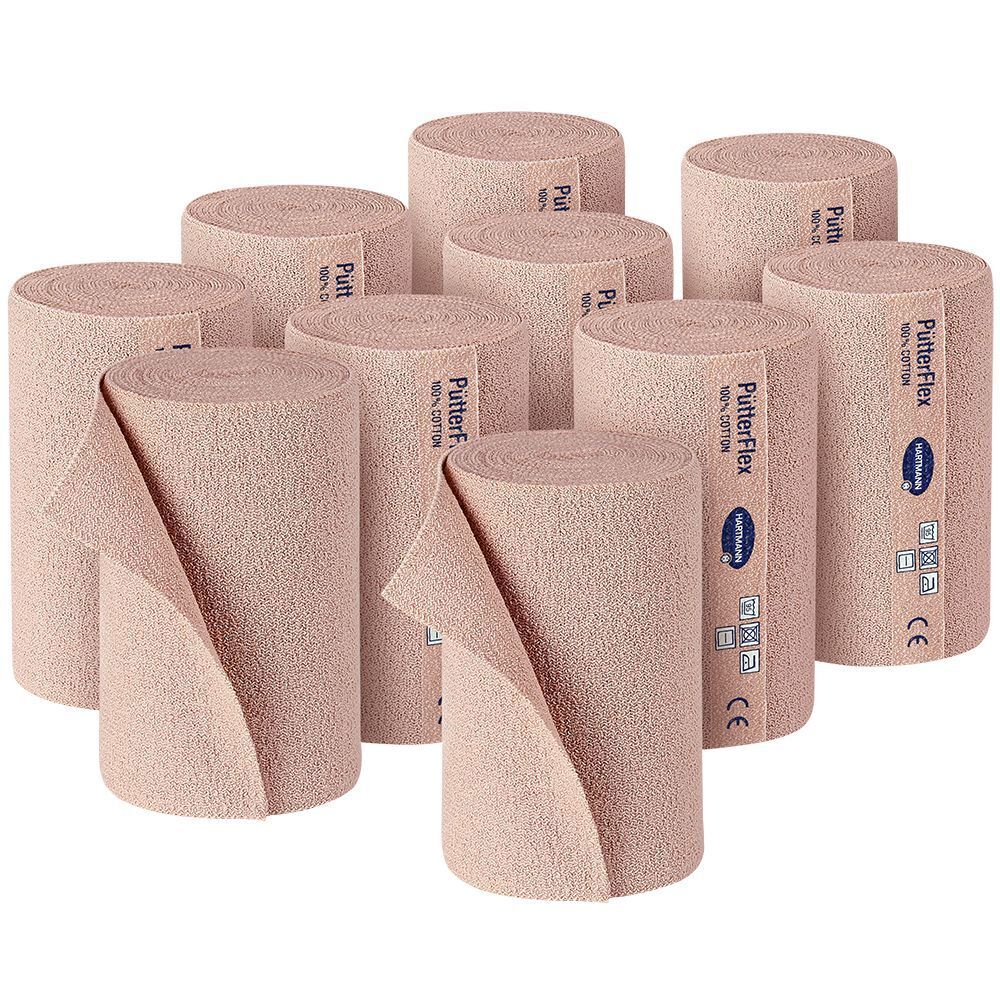 Plusieurs rouleaux de bandages PütterFlex. Bandages en coton, logo Hartmann et marquage CE.