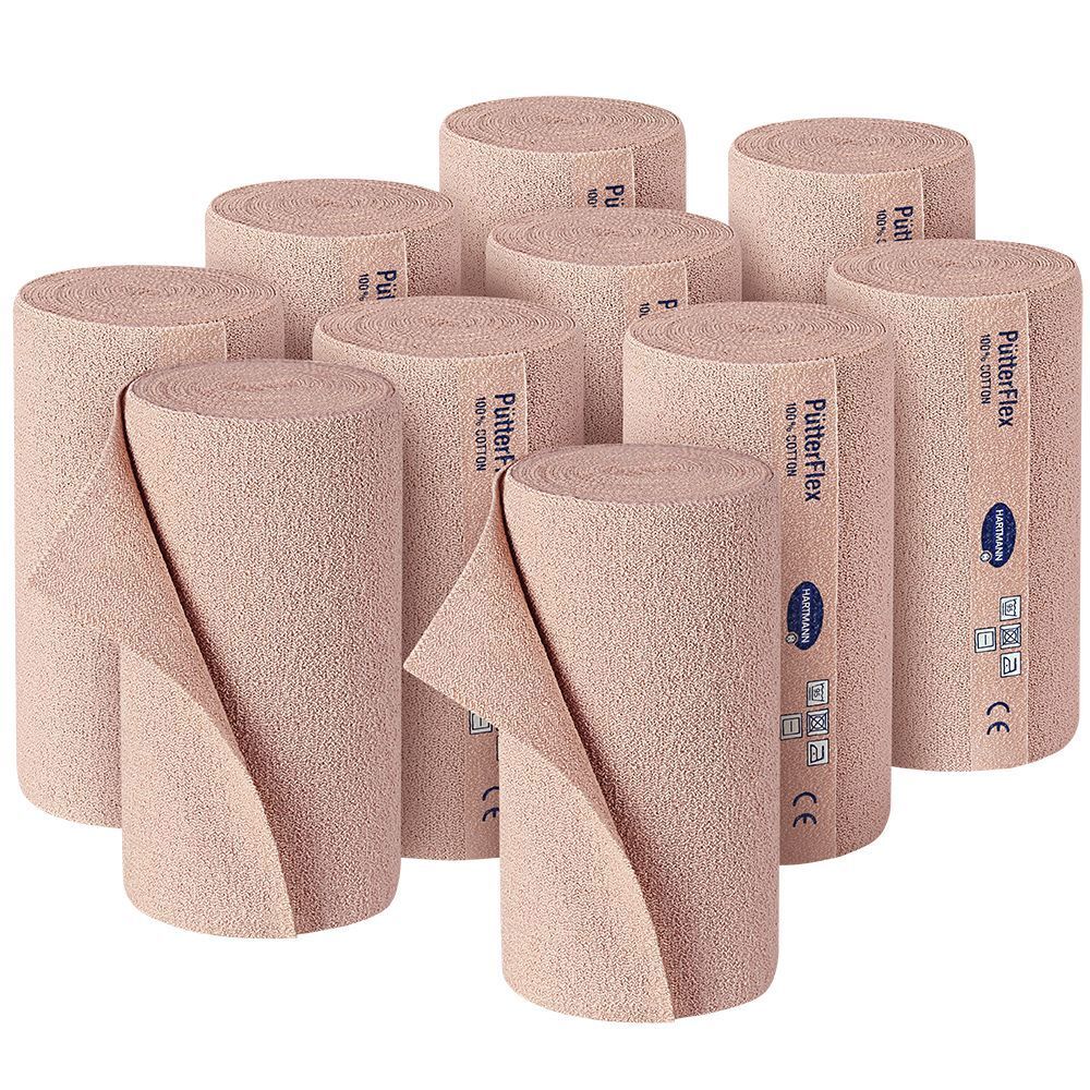 Dix bandages élastiques beiges enroulés. PütterFlex sur chaque rouleau. Marquage CE.