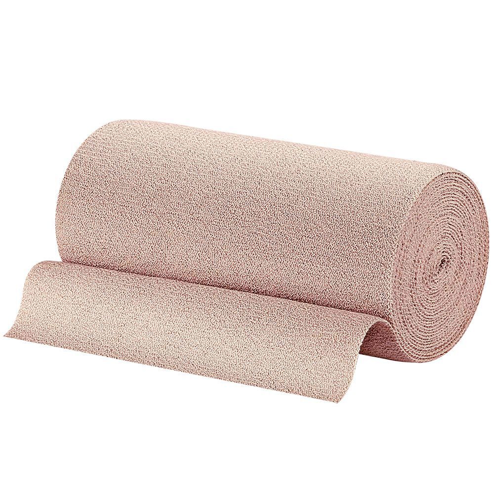 Bande élastique beige enroulée. Une extrémité de la bande est déroulée.