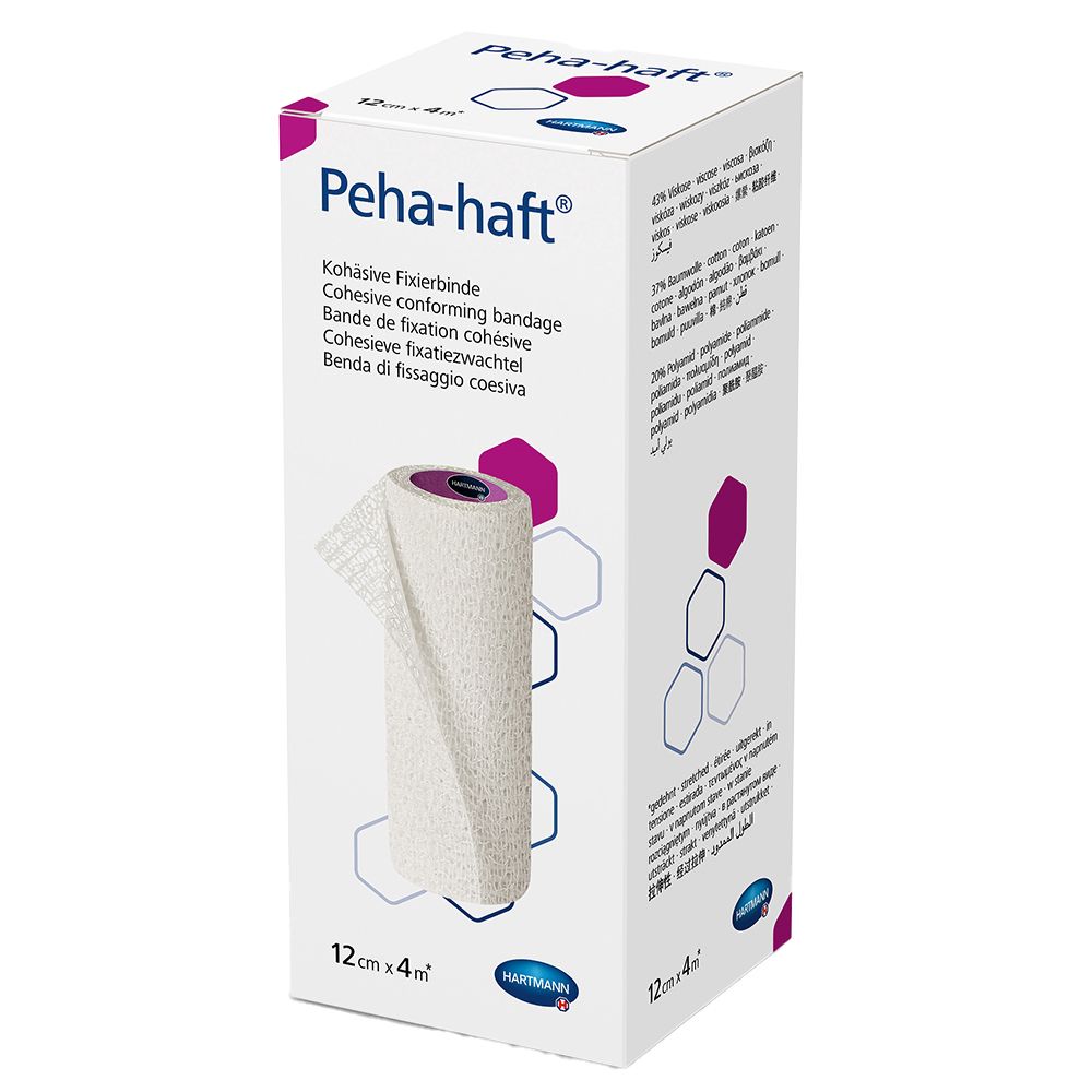 Boîte de Peha-haft® Fixierbinde, 12 cm x 4 m. Bande de fixation cohésive. Matériau blanc. Logo Hartmann.
