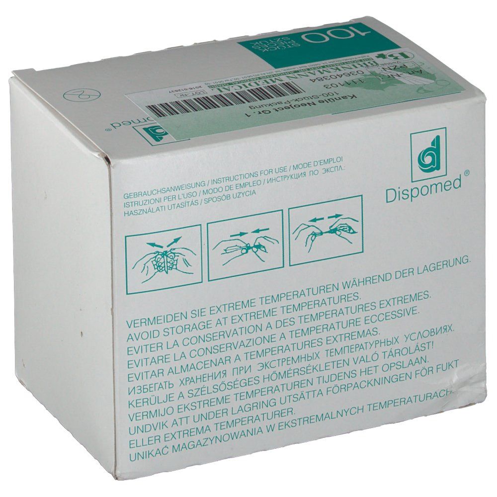 Boîte de seringues NEOJECT. Inscription : 100 pièces. Logo Dispomed. Avertissements.