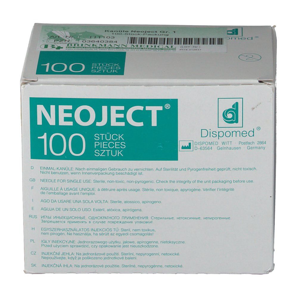Boîte de seringues NEOJECT. Inscription : 100 pièces. Logo Dispomed. Texte multilingue.