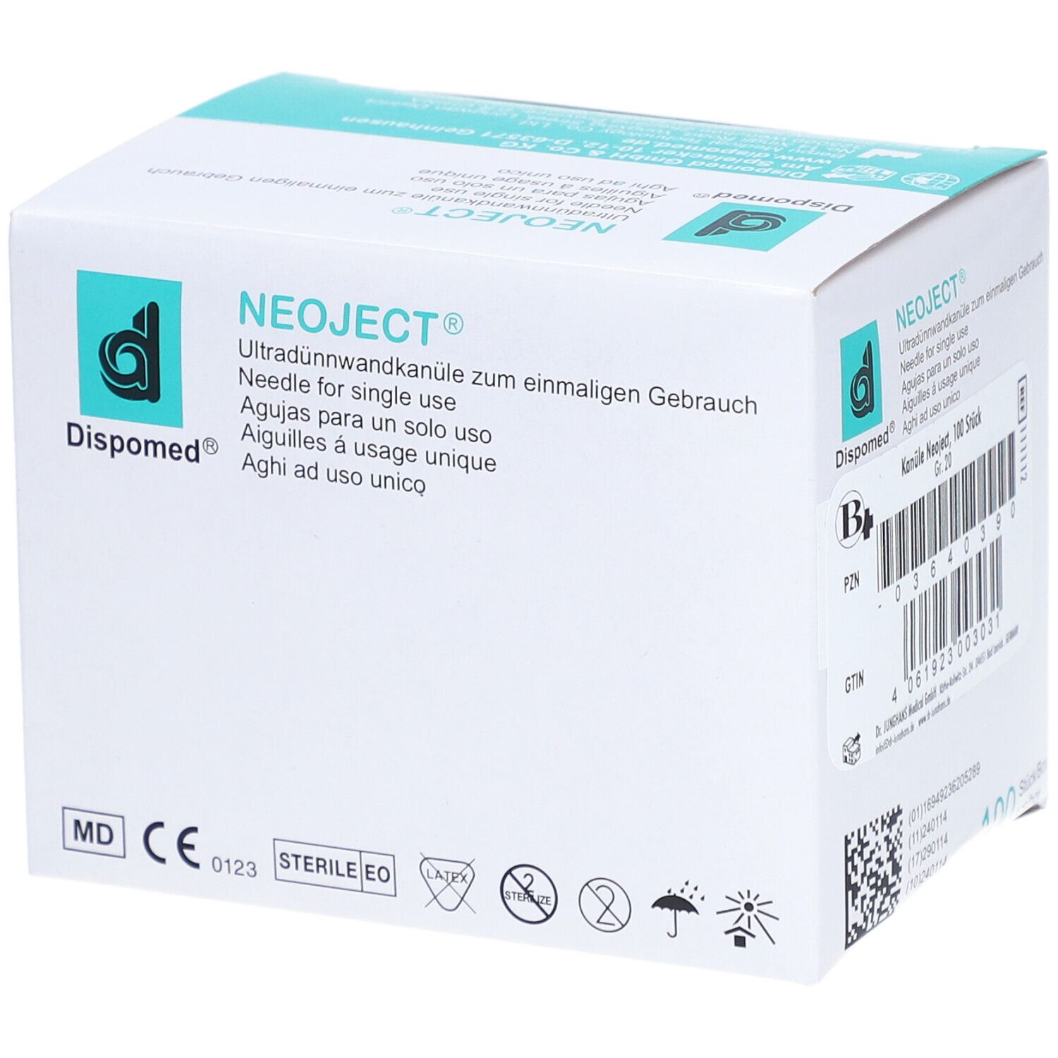 Boîte de seringues Dispomed NEOJECT®. Inscription : Aiguille à paroi ultra-mince, usage unique. Marquage CE et indication de stérilité.