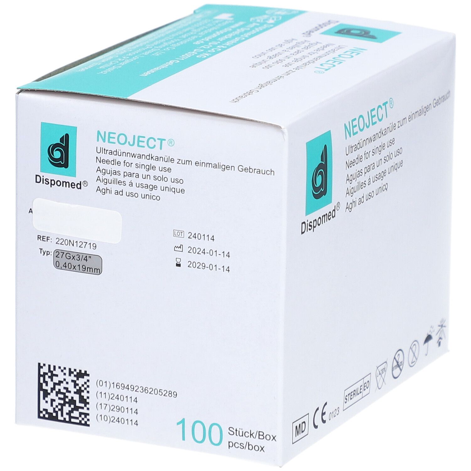 Boîte d'aiguilles Dispomed NEOJECT®. Contient 100 pièces. Impression : 27G x 3/4, 0,40x19mm. Avec date de péremption et numéro de lot.