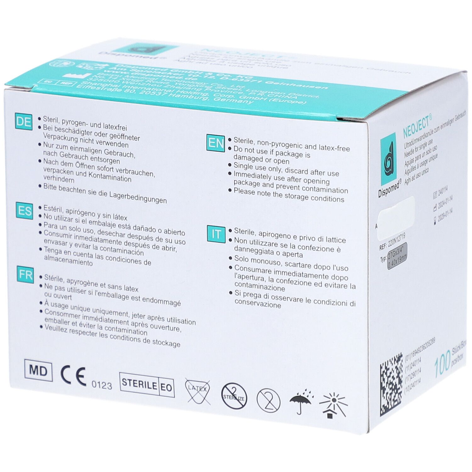 Dos de la boîte d'aiguilles Dispomed NEOJECT®. Instructions multilingues sur la stérilité, la non-réutilisation et le stockage.