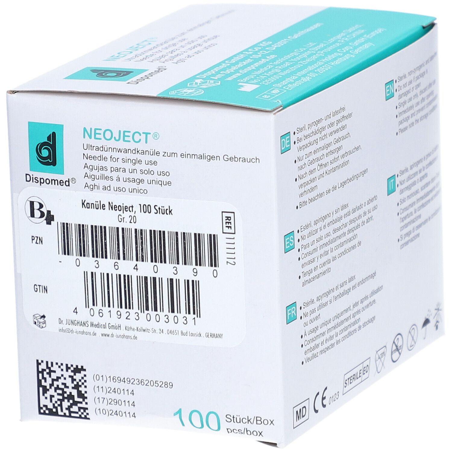 Boîte d'aiguilles Dispomed NEOJECT®. Inscription : Aiguille Neoject, Gr. 20, 100 pièces. Avec code-barres et numéro de lot.