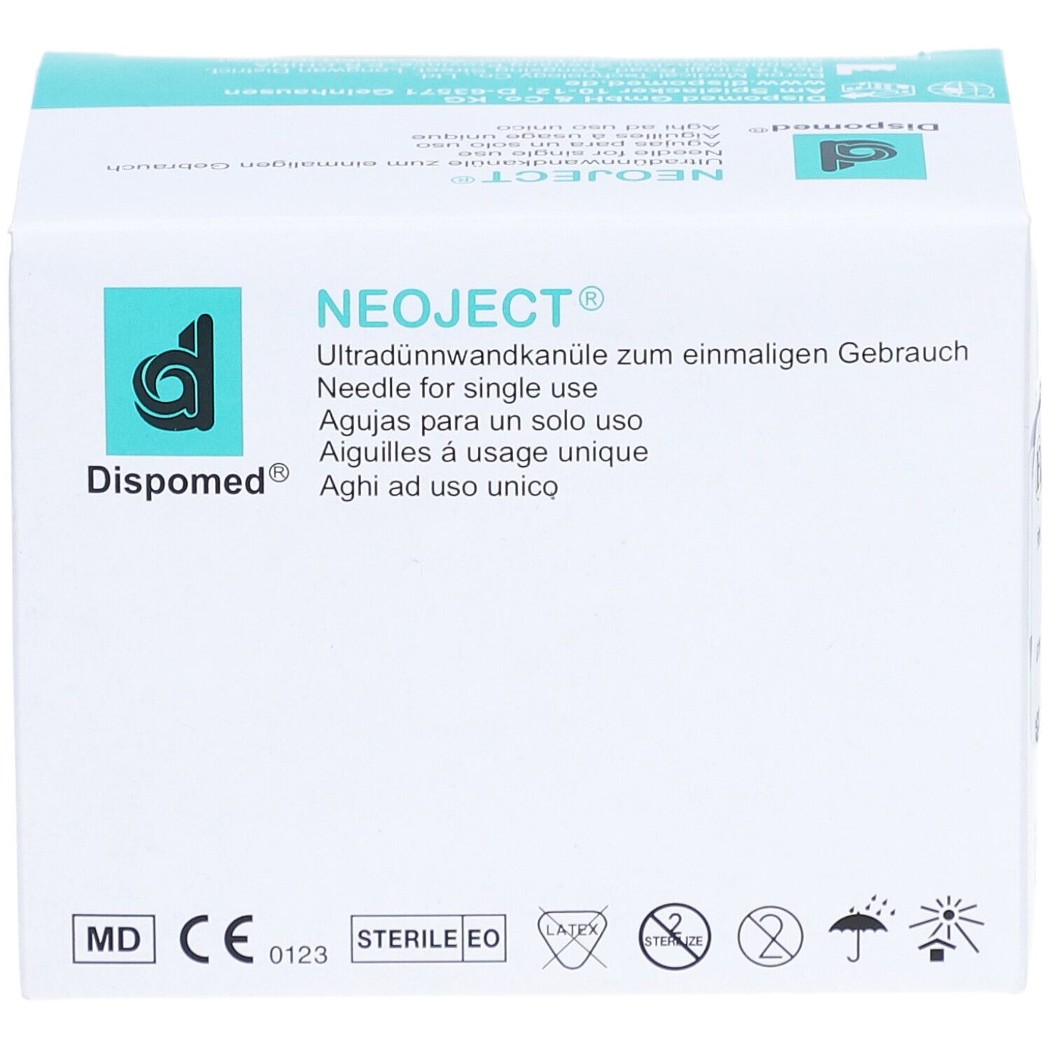 Face avant de la boîte d'aiguilles Dispomed NEOJECT®. Inscription : Aiguille à paroi ultra-mince, usage unique. Marquage CE.