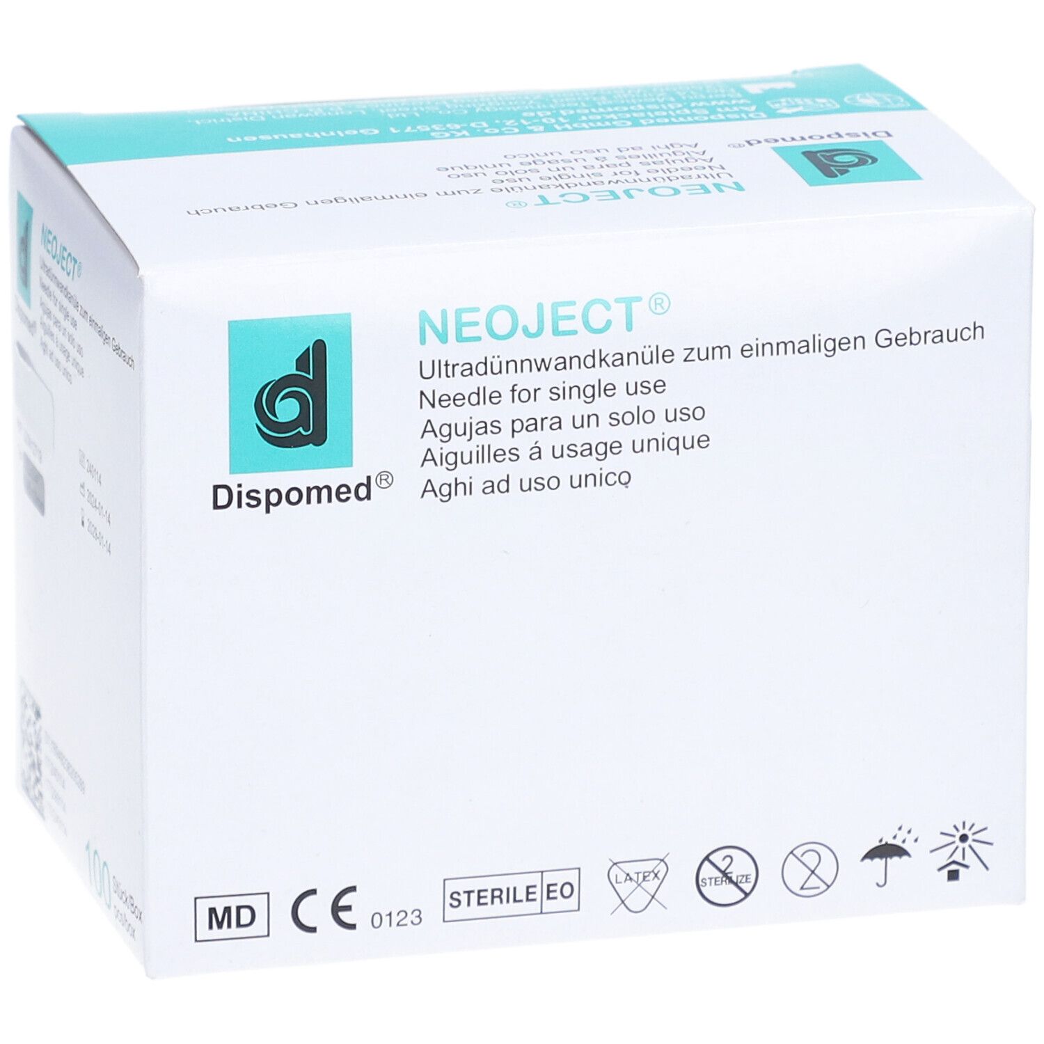 Face avant de la boîte d'aiguilles Dispomed NEOJECT®. Inscription : Aiguille à paroi ultra-mince, usage unique. Marquage CE.
