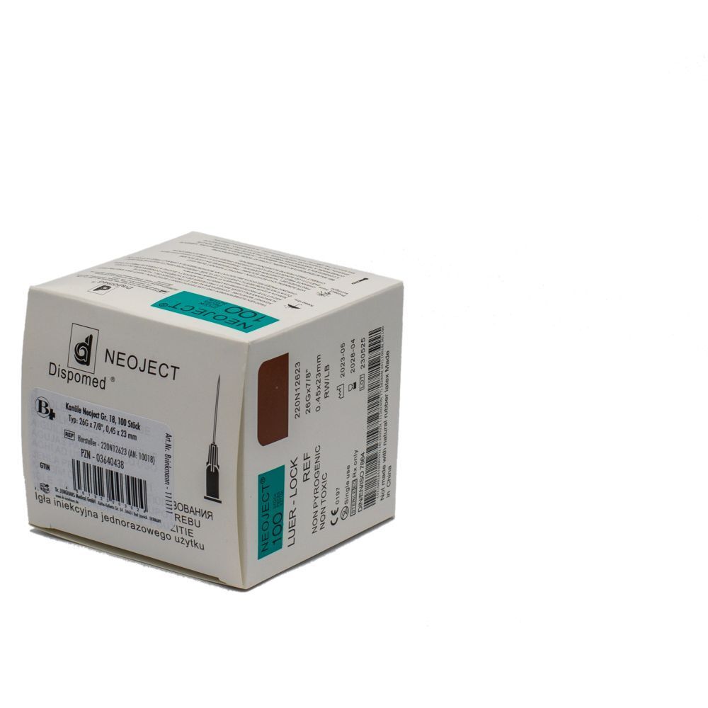 Boîte de canules Dispomed NEOJECT. Emballage vert et blanc avec informations et logo. Système Luer-Lock.