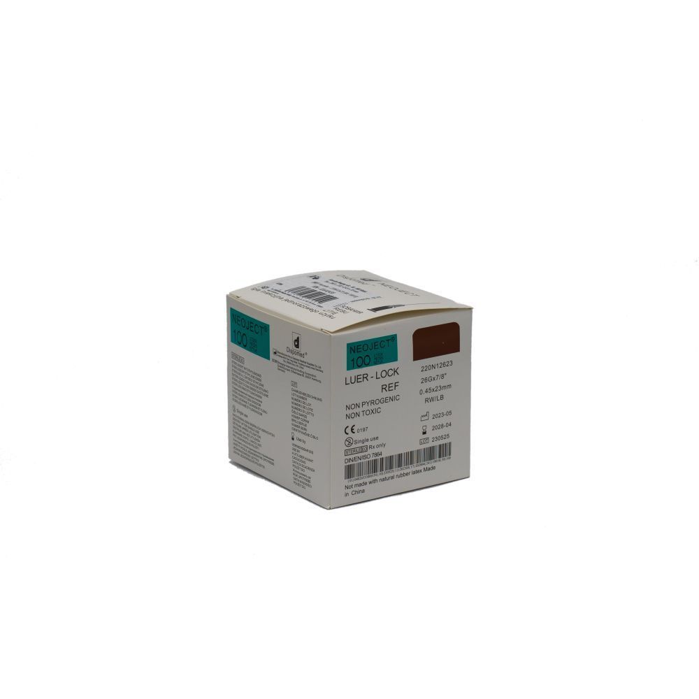 Boîte de canules Dispomed NEOJECT. Emballage vert et blanc avec informations. Système Luer-Lock.