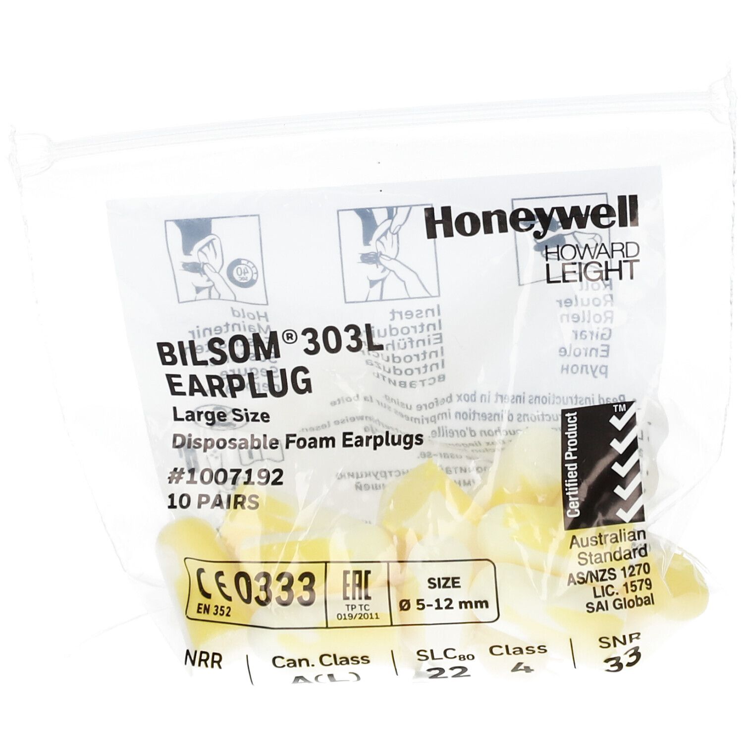 Emballage de bouchons d'oreilles Honeywell Howard Leight Bilsom 303L, 10 paires.
