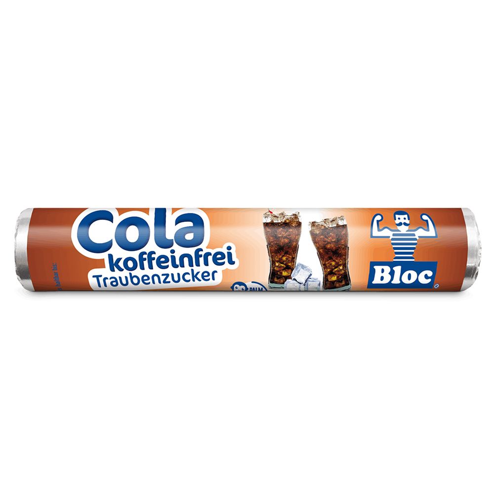 Rouleau de sucre de raisin Cola sans caféine. Montre deux verres de cola avec des glaçons et le logo Bloc.