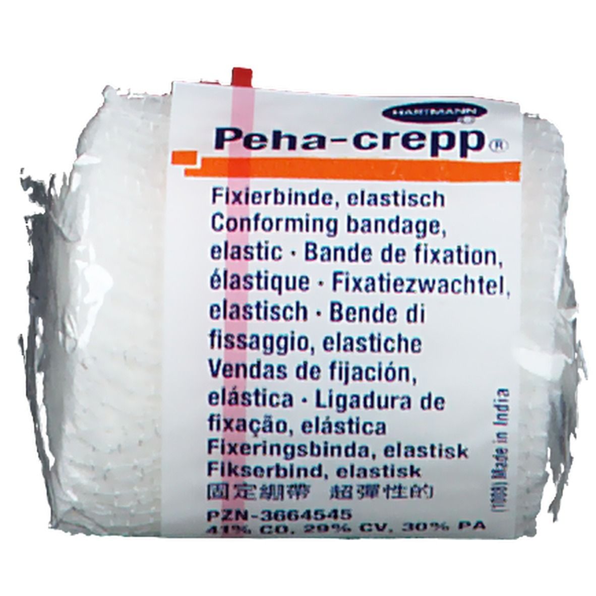 Bande de fixation Hartmann Peha-crepp®, blanche, élastique, emballée. Informations produit et marque visibles.