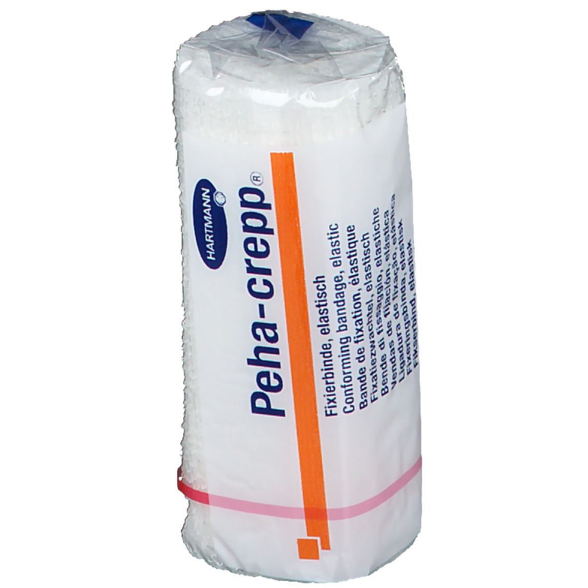 Bande de fixation élastique, emballée. Marque Hartmann Peha-crepp®. Bande orange. Anneau en caoutchouc rouge.